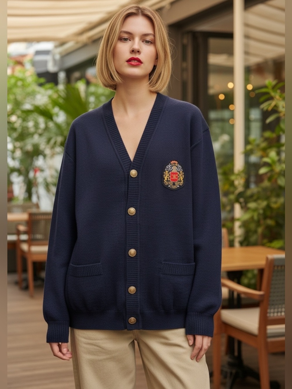 Celine Navy Embroidered Crest Button-Front Cardigan